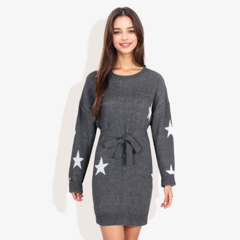 Star Knit Pattern Long Dolman Sleeve Cuffed Belted Tunic Sweater Dress