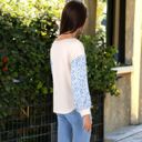  Two Tone Floral Print Bell Sleeve Pullover Textured Sweater