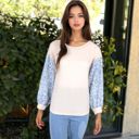 White Medium Two Tone Floral Print Bell Sleeve Pullover Textured Sweater