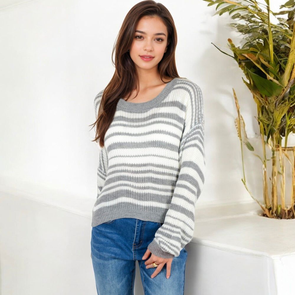 Striped Knit Sweater with Long Sleeves and Relaxed Fit