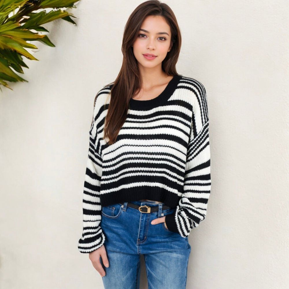 Striped Knit Sweater with Long Sleeves and Relaxed Fit