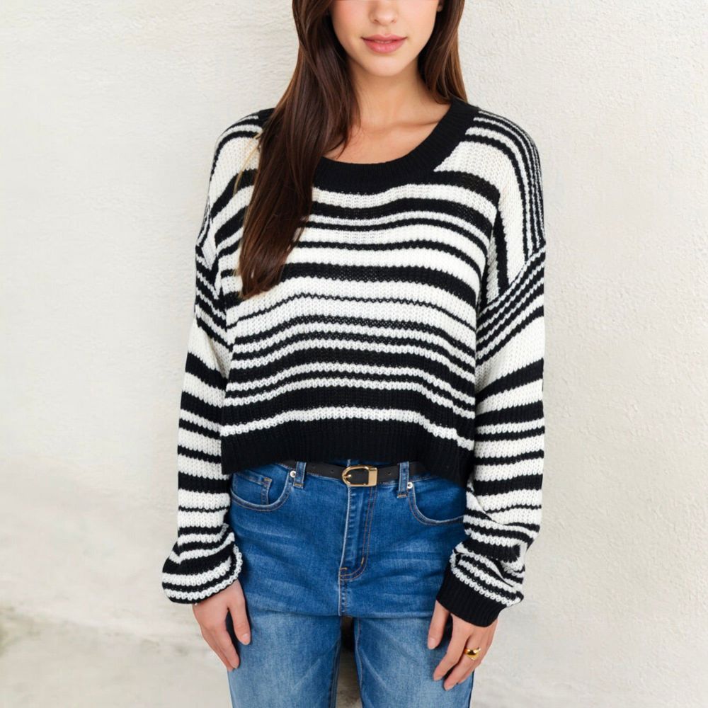 Striped Knit Sweater with Long Sleeves and Relaxed Fit