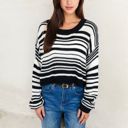 Black Large Striped Knit Sweater with Long Sleeves and Relaxed Fit