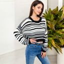 Black Large Striped Knit Sweater with Long Sleeves and Relaxed Fit