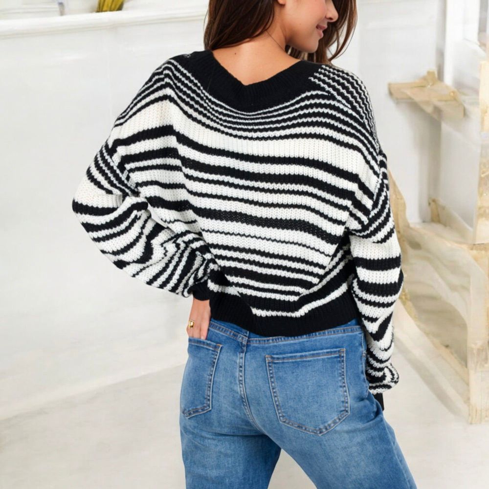 Striped Knit Sweater with Long Sleeves and Relaxed Fit