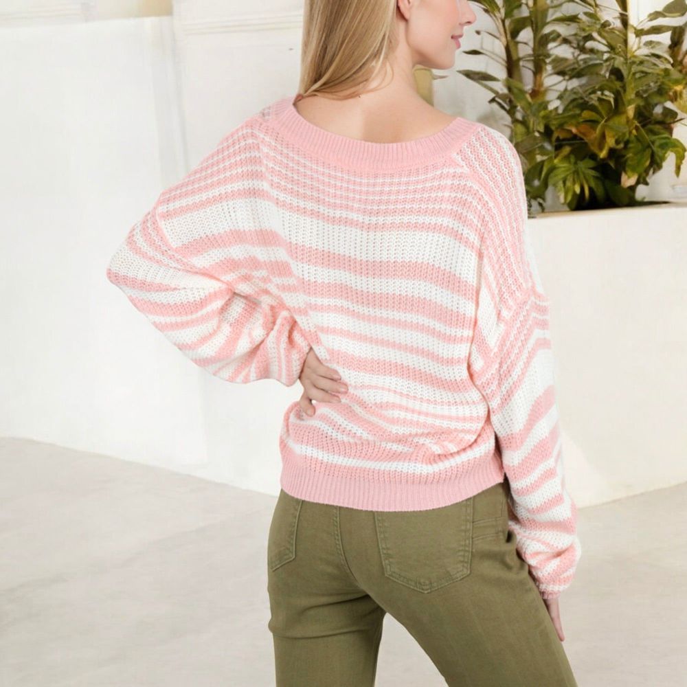 Striped Knit Sweater with Long Sleeves and Relaxed Fit