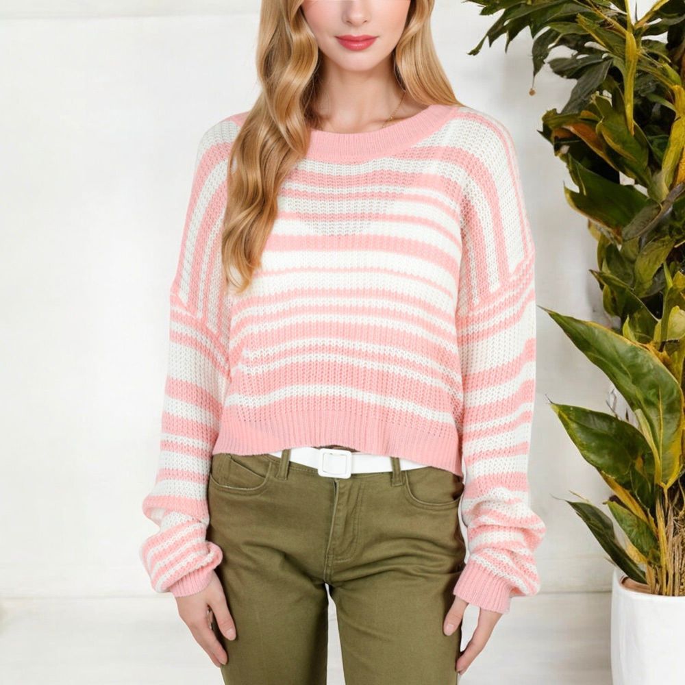 Striped Knit Sweater with Long Sleeves and Relaxed Fit