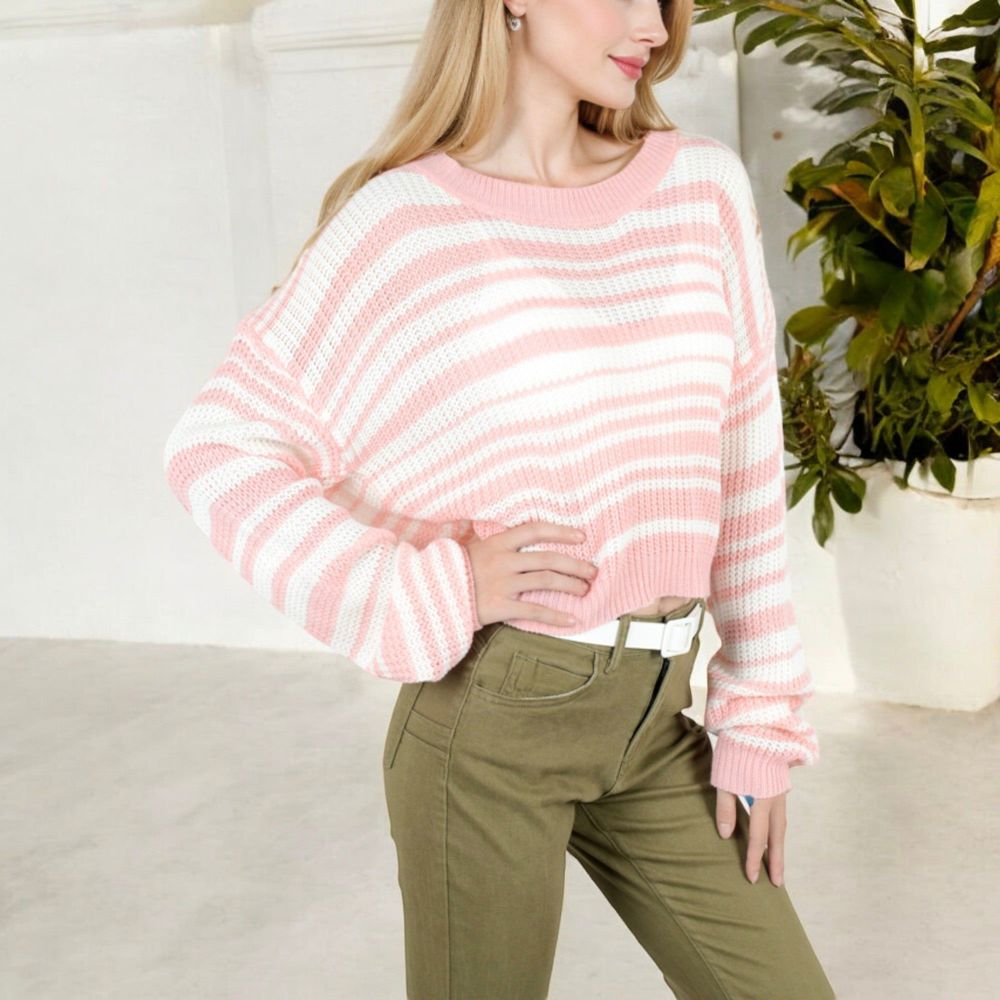 Striped Knit Sweater with Long Sleeves and Relaxed Fit