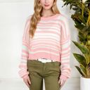 Pink Small Striped Knit Sweater with Long Sleeves and Relaxed Fit