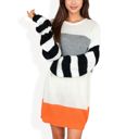  Long Sleeve Color Block Sweater Dress with Striped Sleeves Casual Loose Knit Pullover Tunic