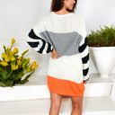  Long Sleeve Color Block Sweater Dress with Striped Sleeves Casual Loose Knit Pullover Tunic