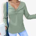  Solid Color Long Sleeve V-Neck T-Shirt Tops