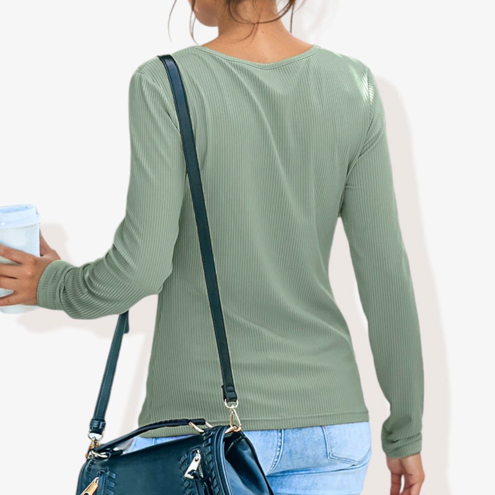 Solid Color Long Sleeve V-Neck T-Shirt Tops