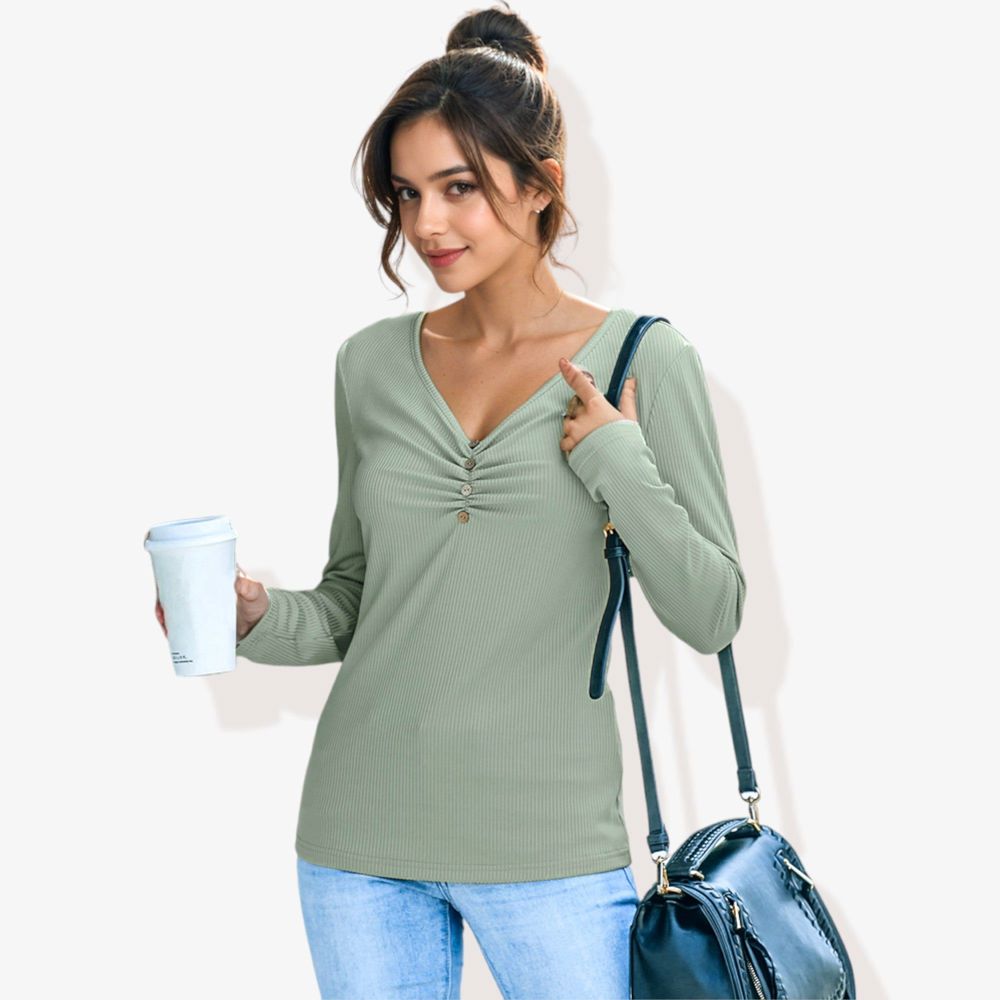 Solid Color Long Sleeve V-Neck T-Shirt Tops