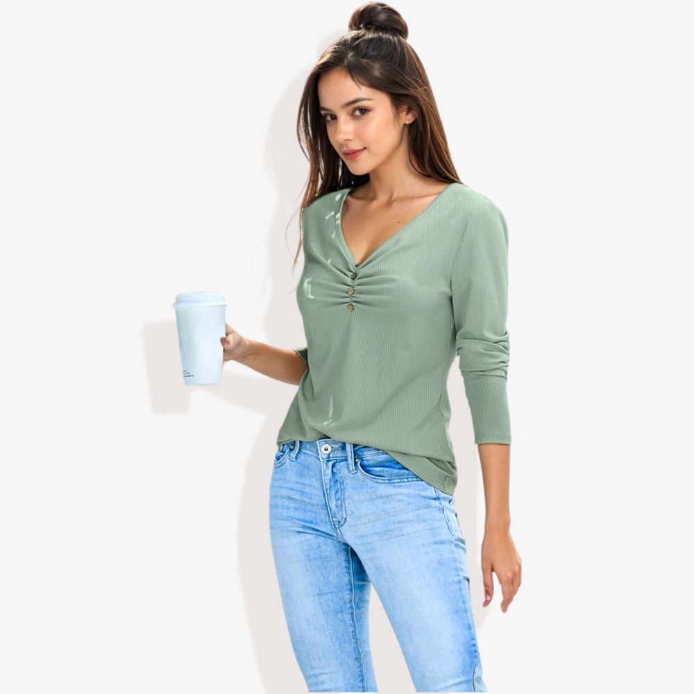 Solid Color Long Sleeve V-Neck T-Shirt Tops