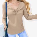 Beige Large Solid Color Long Sleeve V-Neck T-Shirt Tops