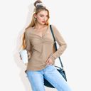 Beige Large Solid Color Long Sleeve V-Neck T-Shirt Tops