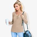 Beige Large Solid Color Long Sleeve V-Neck T-Shirt Tops