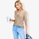 Beige Large Solid Color Long Sleeve V-Neck T-Shirt Tops