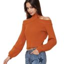  Turtleneck Cold Shoulder Cropped Long Sleeve Sweater