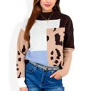  Color Block Knit Sweater with Animal Print and Long Sleeves