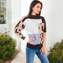  Color Block Knit Sweater with Animal Print and Long Sleeves