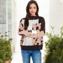  Color Block Knit Sweater with Animal Print and Long Sleeves