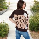  Color Block Knit Sweater with Animal Print and Long Sleeves