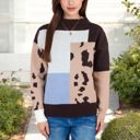  Color Block Knit Sweater with Animal Print and Long Sleeves