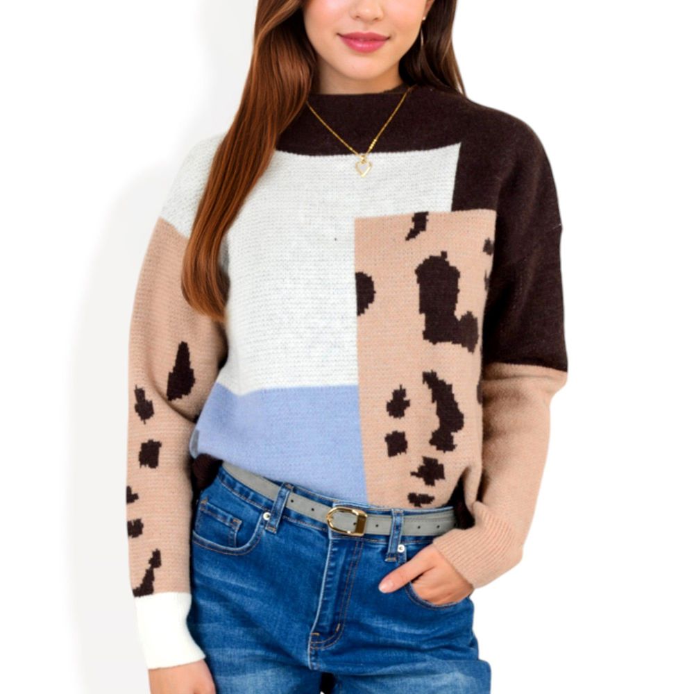 Color Block Knit Sweater with Animal Print and Long Sleeves