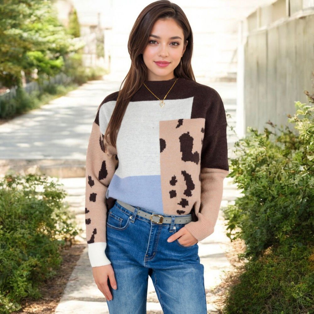 Color Block Knit Sweater with Animal Print and Long Sleeves