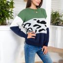 Green Large Animal Print Color Block Sweater with Long Sleeves