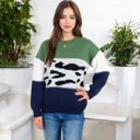 Green Large Animal Print Color Block Sweater with Long Sleeves