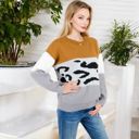 Beige Large Animal Print Color Block Sweater with Long Sleeves