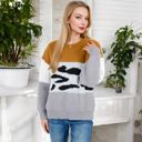 Beige Large Animal Print Color Block Sweater with Long Sleeves