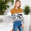 Beige Large Animal Print Color Block Sweater with Long Sleeves