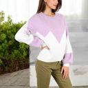  Zigzag Color Block Sweater with Long Sleeves and Crew Neck