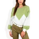 Green Large Zigzag Color Block Sweater with Long Sleeves and Crew Neck