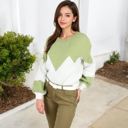 Green Large Zigzag Color Block Sweater with Long Sleeves and Crew Neck