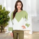 Green Large Zigzag Color Block Sweater with Long Sleeves and Crew Neck