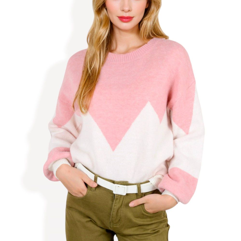 Zigzag Color Block Sweater with Long Sleeves and Crew Neck