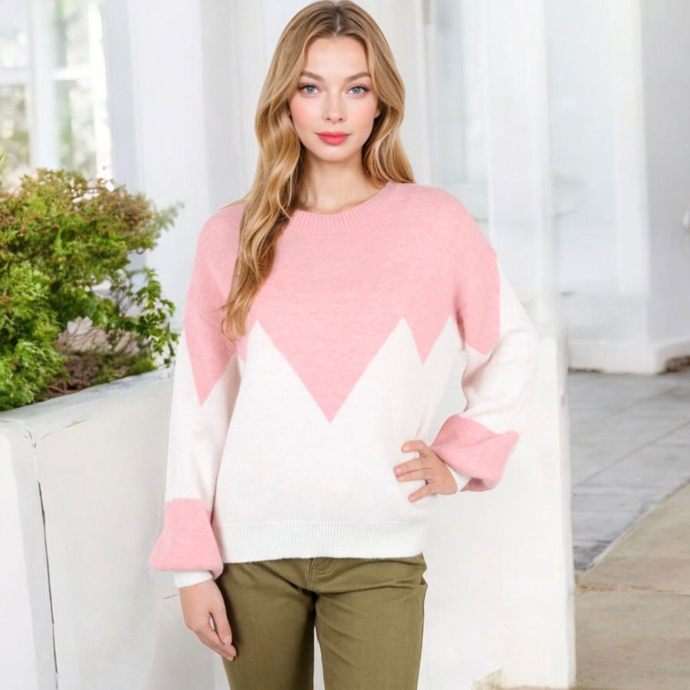 Zigzag Color Block Sweater with Long Sleeves and Crew Neck