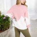 Pink Large Zigzag Color Block Sweater with Long Sleeves and Crew Neck