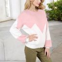 Pink Large Zigzag Color Block Sweater with Long Sleeves and Crew Neck