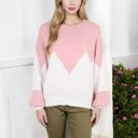 Pink Large Zigzag Color Block Sweater with Long Sleeves and Crew Neck