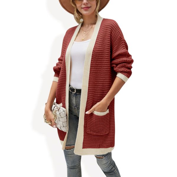 Open Front Knit Cardigan with Contrast Trim and Pockets