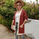 Red Large Open Front Knit Cardigan with Contrast Trim and Pockets