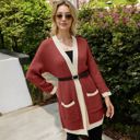 Red Large Open Front Knit Cardigan with Contrast Trim and Pockets