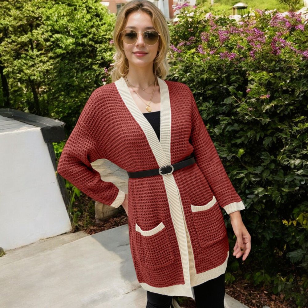 Open Front Knit Cardigan with Contrast Trim and Pockets