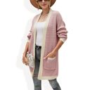 Pink Large Open Front Knit Cardigan with Contrast Trim and Pockets